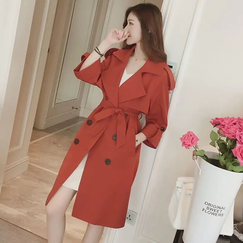 Британский стиль Повседневная ветровка на шнуровке Женское пальто средней длины