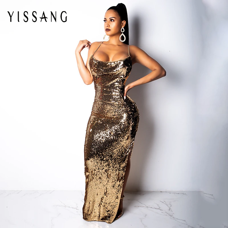 Yissang Золотое женское длинное платье с блестками и открытой спиной обтягивающее