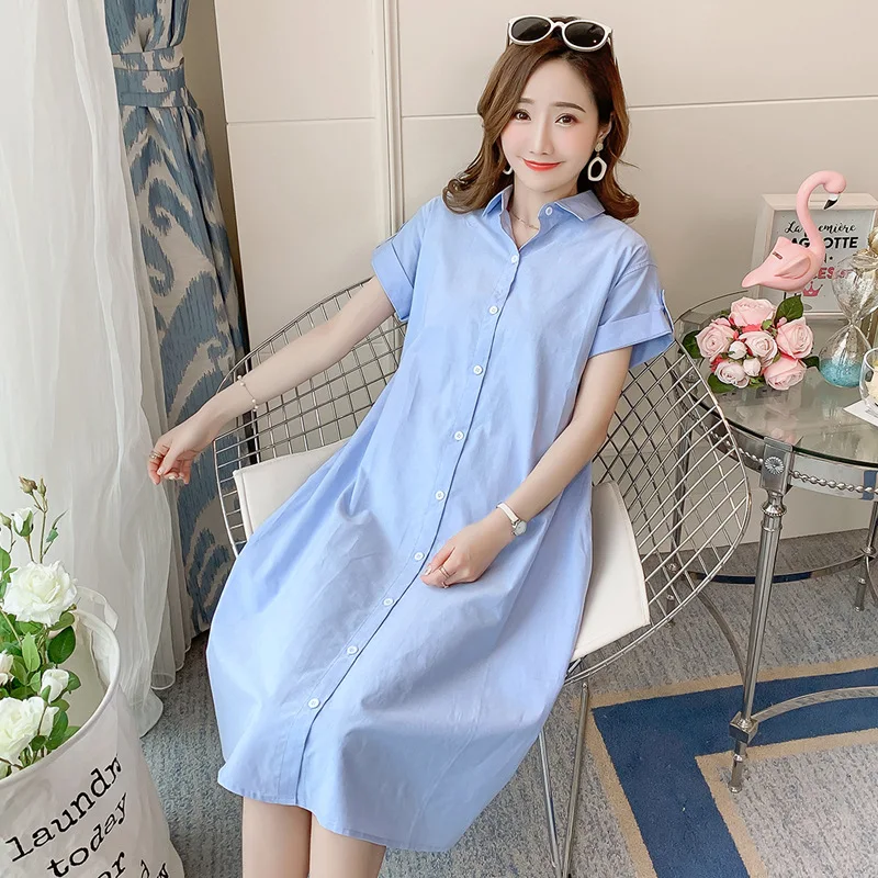 

Women Maternity Dresses Cotton Pregnancy Dress Blue Fashion Short Sleeve Pregnant Dress Summer Lapel Clothes for Women