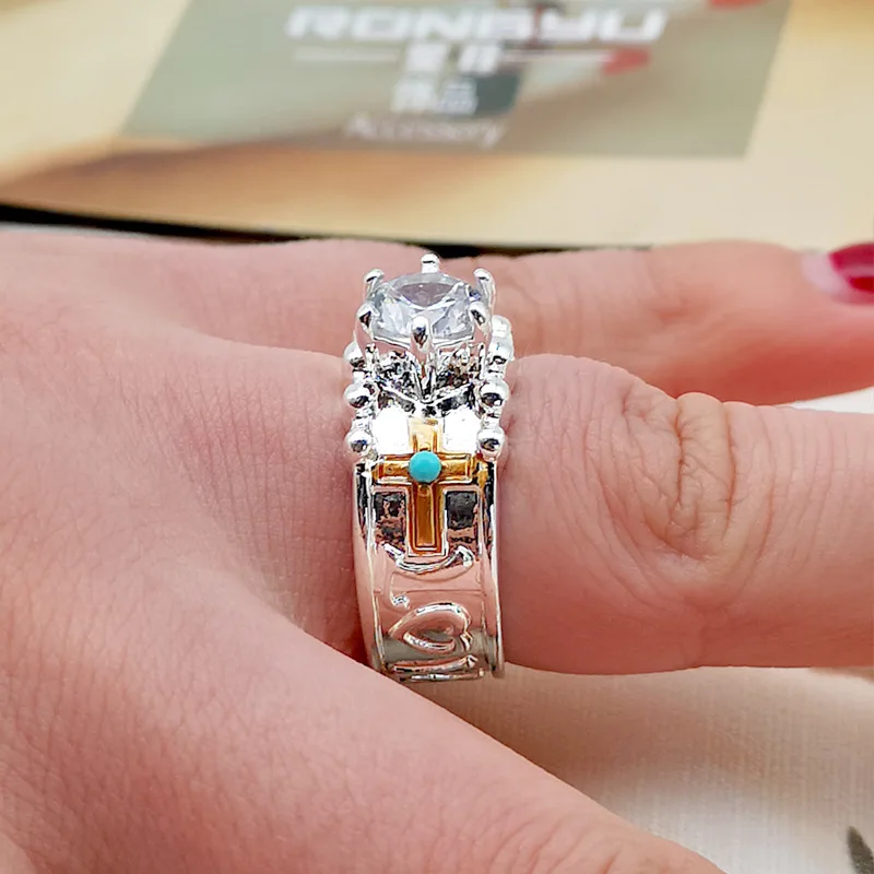 

Luxury Female White Round Crystal Ring Charm Silver Color Bride Wedding Rings For Women Cute Zircon Heart Cross Engagement Ring