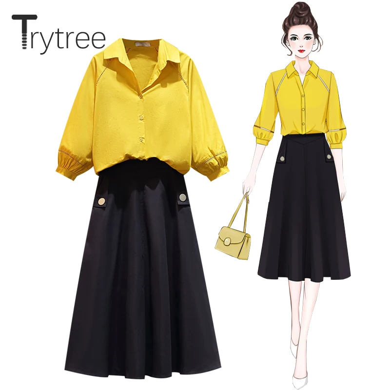

Trytree 2021 Spring Summer Two piece set Casual Puff Sleeve Single Breast Blouse + A-line Pockets Skirt Office Lady 2 Piece Set