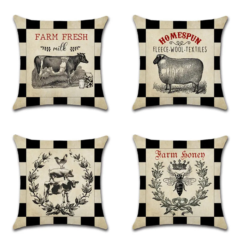 Retro Farm theme Cotton Linen Cushion Cover Cute Cow Sheep Animal Printed Throw Pillow Case Home Chair Sofa Car Decoration cojin