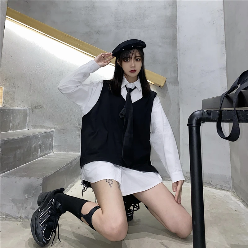 

2022 spring autumn vintage t-shirt fake two-piece for women long-sleeved ins college style design shirt y2k hip-hop trend tops