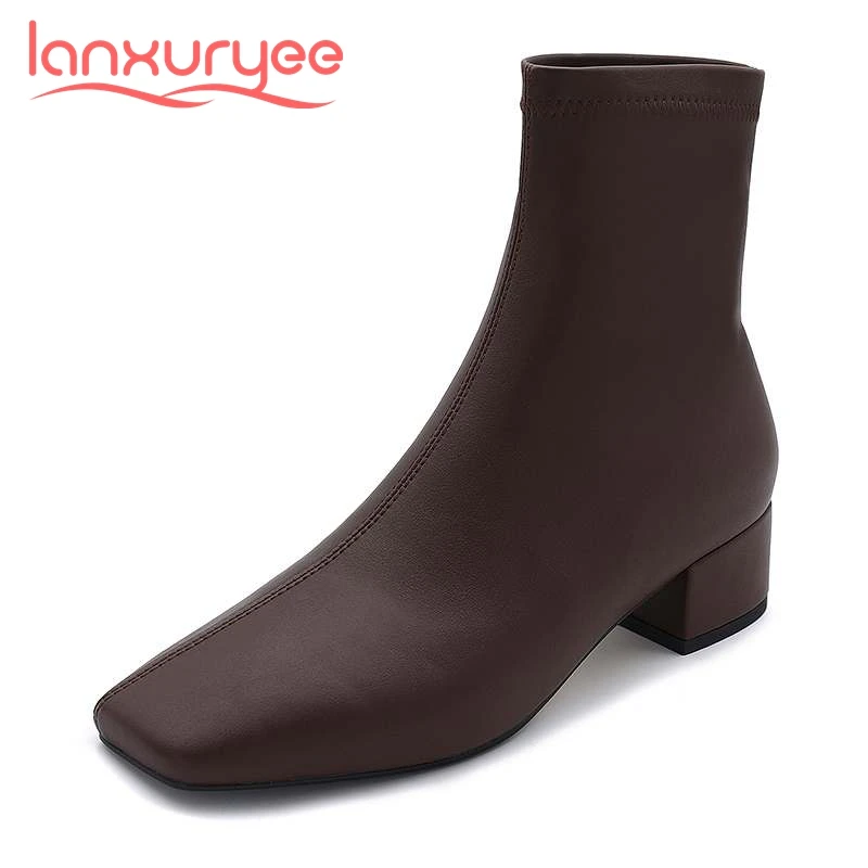 

Lanxuryee Chelsea boots british school microfiber big size square toe thick med heel stretch office lady maiden ankle boots L22