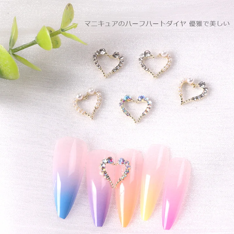 

TSZS Half Heart Nail Art Alloy Sliver Gold Decoration Jewelry With Pearl Accessories