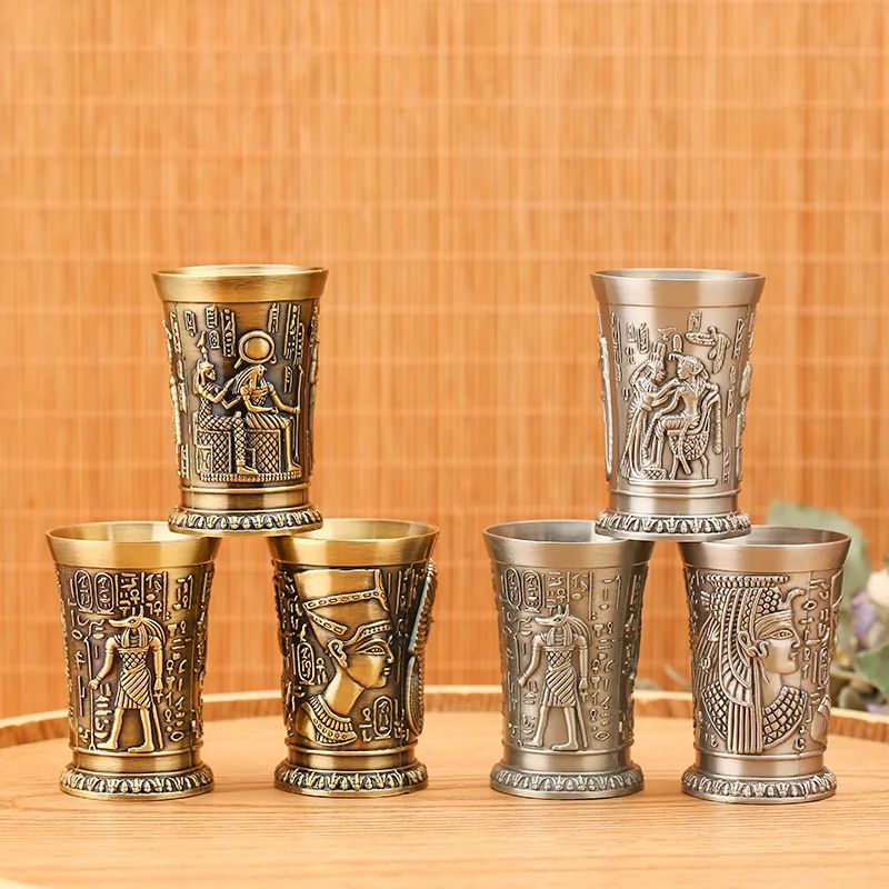 

2pcs Metal Vintage Egyptian Wine Glass Creative Liquor Household Small Personalized Cocktail One Sip Metal Cup Tea Home Decor