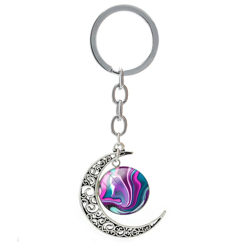 

TAFREE Dark Color Texture Images Key Ring Moon Shape Metal Base Art Vein Glass Cabochons Keychain Vintage Jewelry