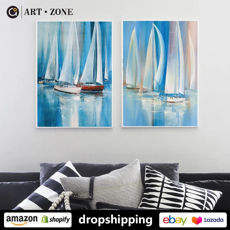 Художественная зона голубая парусная лодка абстрактный пейзаж масляная