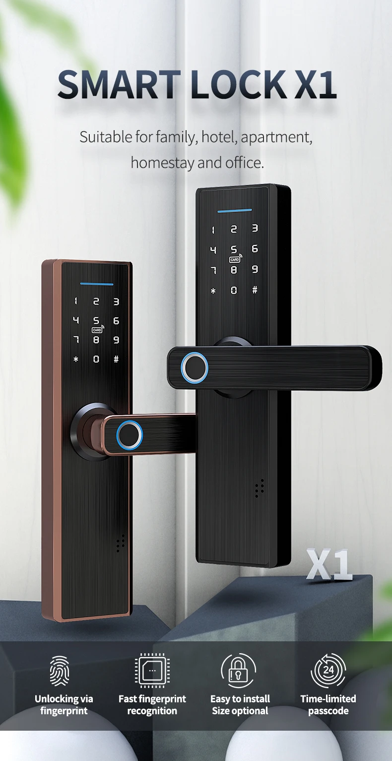 

Tuya Wifi X1 70-Bronze Electronic Door Lock Security With Tuya APP Remotely/Biometric Fingerprint/Smart Card/Password/Key Unlock