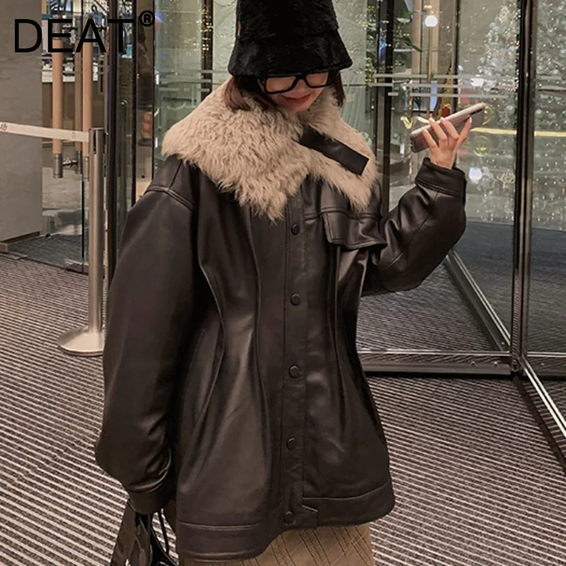 

DEAT 2021 Autumn New PU Leather Down Cotton Women's Medium And Long Lamb Wool Turn-down Collar Splicing Thickened Jacket