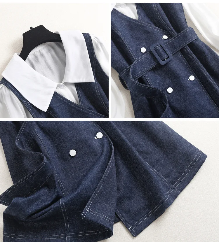 

Shuchan 2 Piece Set 2021 Spring White Shirt+denim Dress Double Breasted Turn-down Collar Suit Women Knee-Length