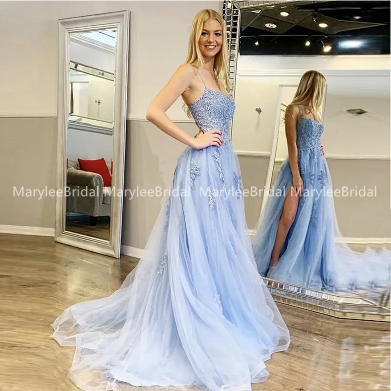 Высокое щелевой фонарь небесно-голубое платье для выпускного вечера Спагетти