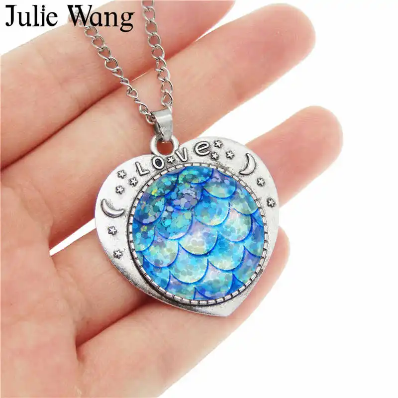 Julie Wang 25mm Glass Mermaid Fish Scale Necklace Women Heart Cabochon Setting Pendant Collar Chain Bohemian Fashion Jewelry | Украшения и