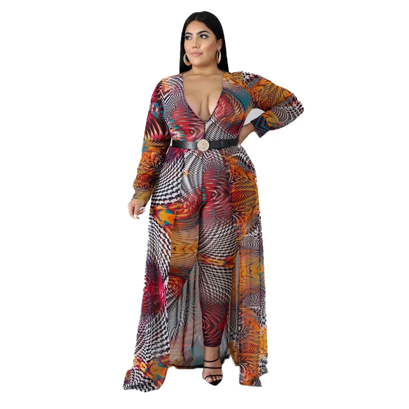 

Plus Size Jumpsuits Womens Sexy V Neck Long Sleeve Jumpsuit Floral Office Ladies Jumpsuit Stretch Bodysuit Women Fake Two Piece