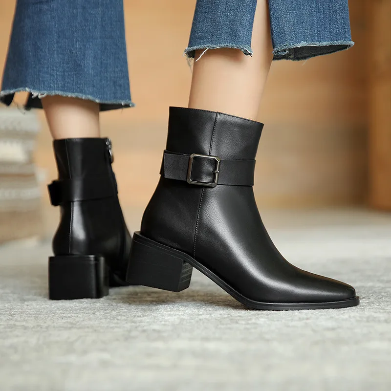 

Asumer 2021 Hot Sale Genuine Leather Shoes Women Vintage Ankle Boots Square Toe Buckle Zip Autumn Casual Shoes Ladies Boots