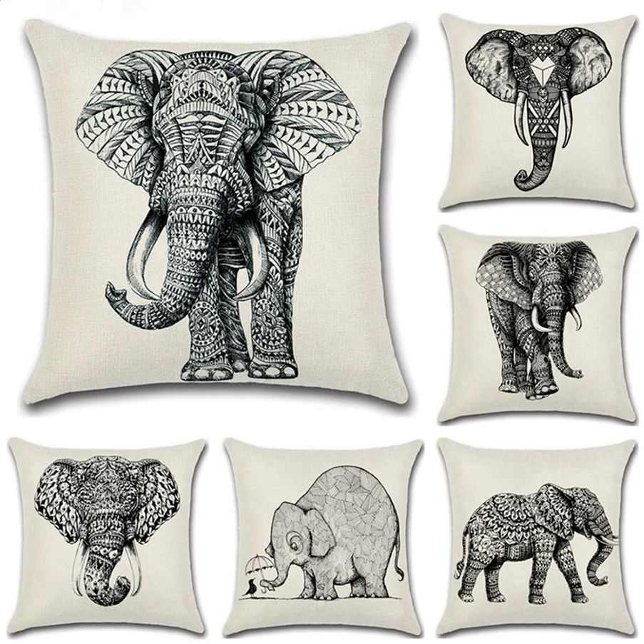 

New Elephant printed cushion cover Indian style black white hand painting cotton linen throw pillow case Sofa home decor 45x45cm