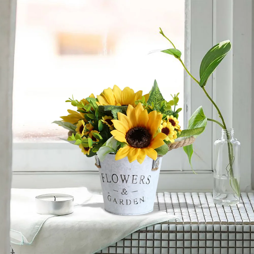 Sun Flower Sunflower Fake Flowers In Metal Potted Decorations Plant Set Thick Hemp Rope Retro Tin Bucket Simulation Bonsai | Дом и сад