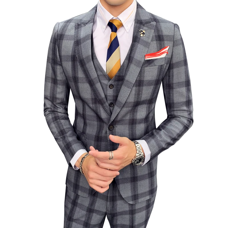 

2020 Three-piece Male Formal Business Plaids Suit for Men's Fashion Boutique Plaid Wedding Dress Suit ( Jacket + Vest + Pants )