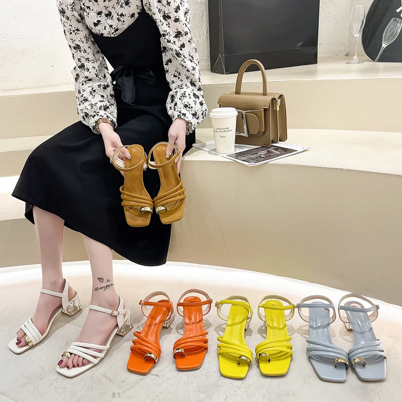 

Lucyever Summer Clip Toe Thin Strap Sandals Women Pu Leather Crystal Thick Heel Shoes Woman Candy Colors Plus Size Office Shoes