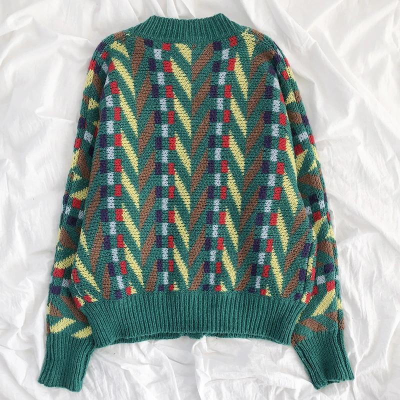 

Japanese rainbow button girl retro color contrast green V-neck loose all-match knitted cardigan sweater