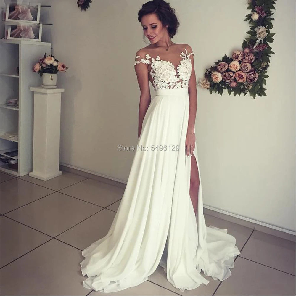 

Vestido de Novia Lace Appliques Beach Wedding Dresses for Brides A-line Sleeveless Side Split Chiffon Floor Length Bridal Gowns