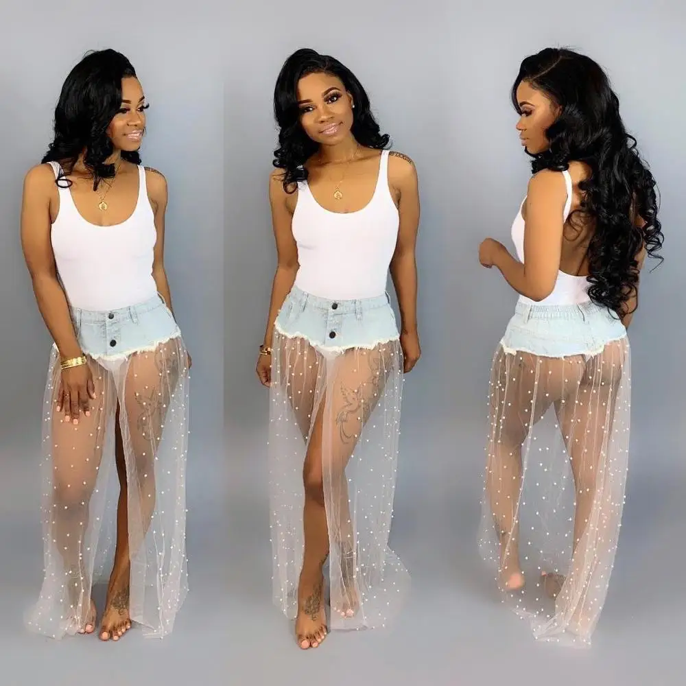 Wjustforu сексуальная прозрачная сетчатая джинсовая юбка Женская Повседневная