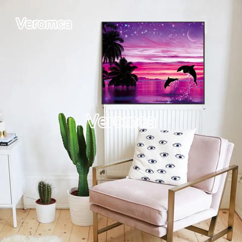 5D Diy алмазная живопись пляж закат пейзаж искусственное дерево фиолетовая картина