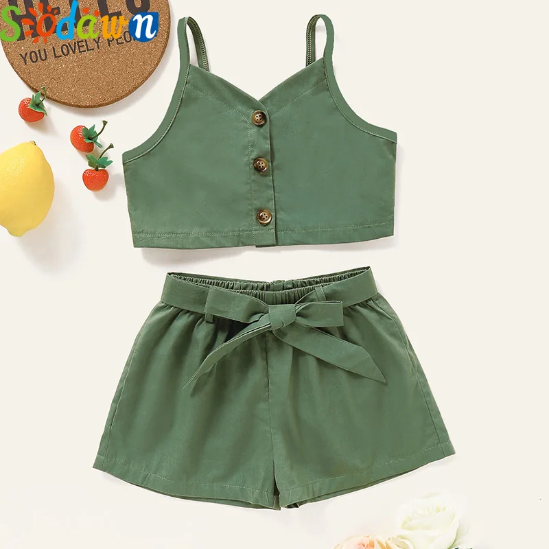 

Sodawn Girls Sets 2020 Western Style Summer Sleeveless Sling Top+ Solid Color Shorts 2Pcs Outfits