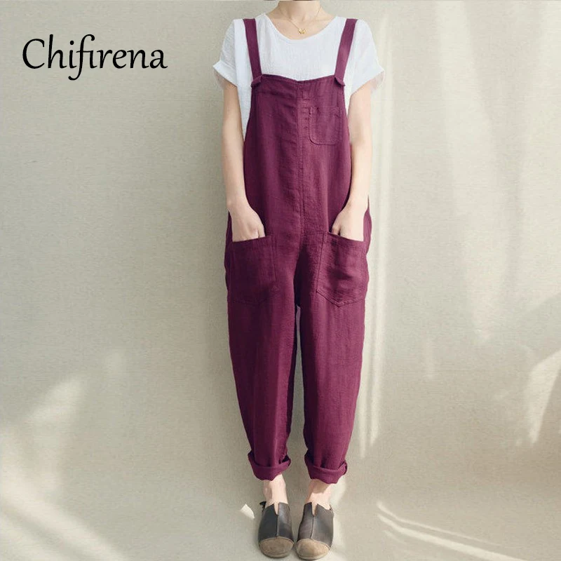 

Chifirena Plus Size Korean Style Loose Jumpsuit Oversized Casual Solid Rompers Cotton and Linen Camis Overalls for Women 2021