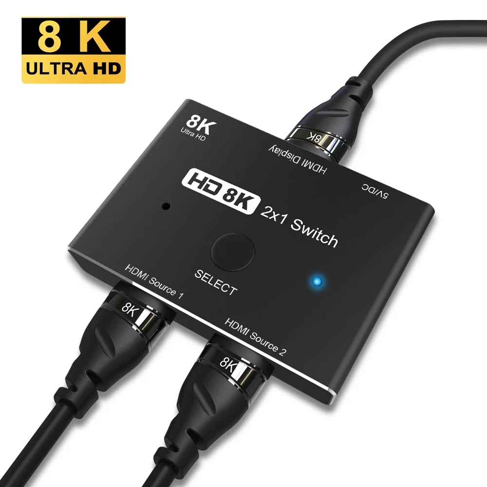 

HDMI совместимый 2 в 1 выход видеопереключатель 8K Ultra HD для ПК PS4/5 ТВ-приставки с адаптером переключателя света дисплея