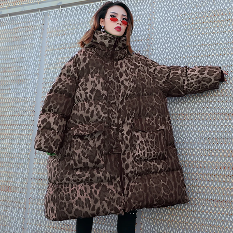 [EAM] пальто с капюшоном и леопардовым принтом, большой размер, с хлопковой подкладкой, с длинным рукавом, свободный крой, женские парки, модная новинка, Осень-зима, 1K33