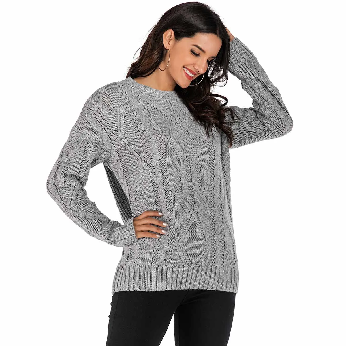 Женский вязаный свитер Свободный пуловер с круглым вырезом трикотажный