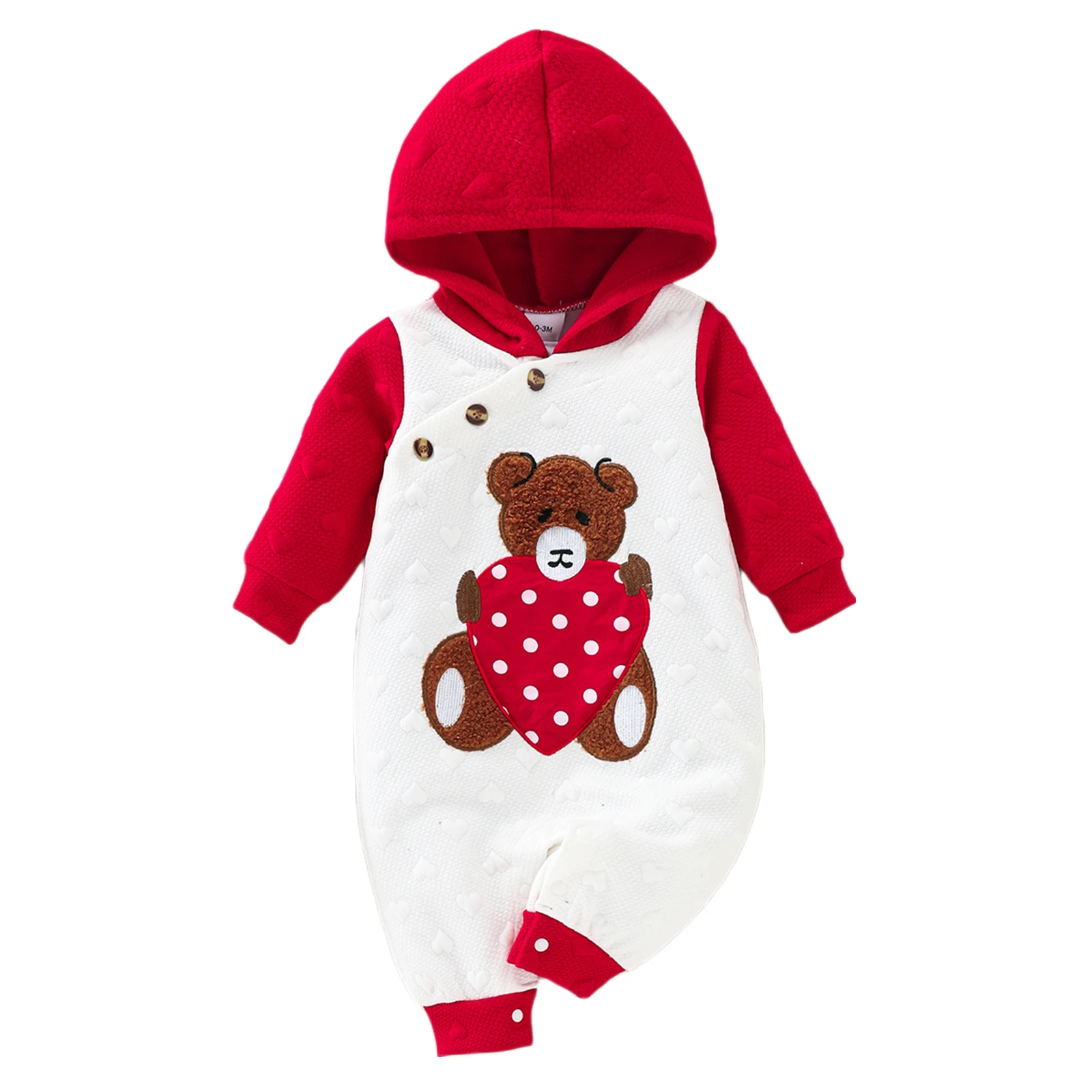 

Newborn Baby Hoodie Romper, Long Sleeve Cartoon Bear Heart Pattern Button Playsuit, Casual Simple Style Bodysuit