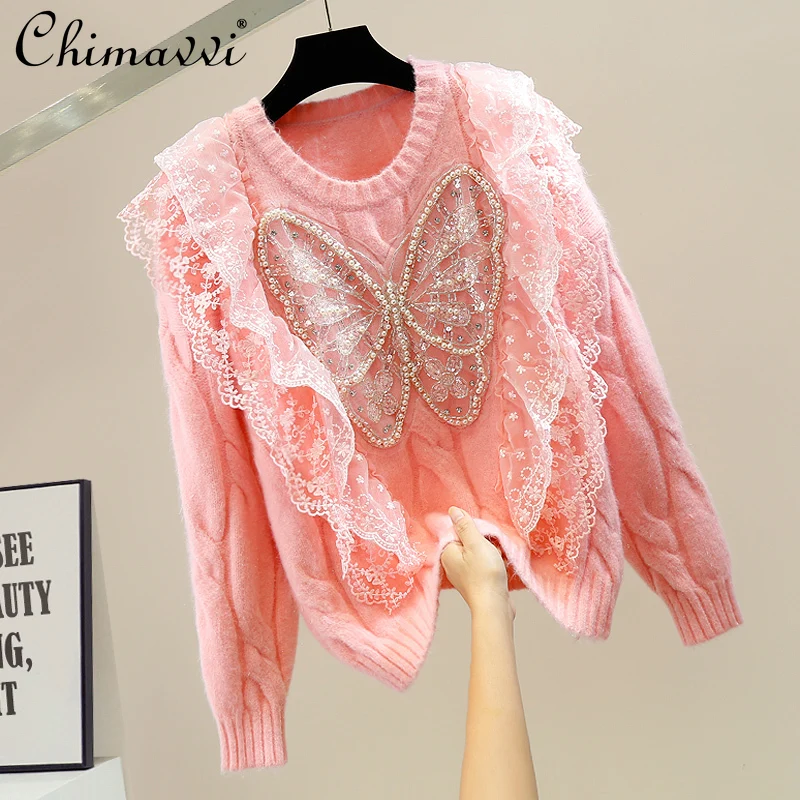 

Женский пуловер с бусинами и круглым вырезом, свободный трикотажный свитер с объемной вышивкой и оборками, осень 2021