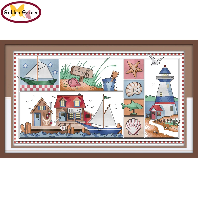 

GG Impression of Seaside Counted Cross Stitch Patten 11CT14CT DIY Kits Needlework Embroidery Cartoon Cross Stitch Sets for Kids