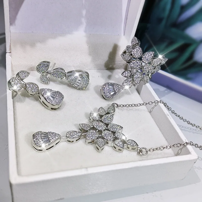 

Silver Inlaid Crystal Irregular Drop Shape Adjustable Ring Earring Necklace Set Light Luxury Exquisite Charm Ladies Jewelry