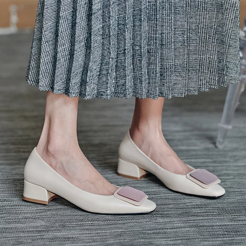 

simple spring summer women's high heels designer genuine leather pumps ladies buckle dress party shoes square toe shallow pumps