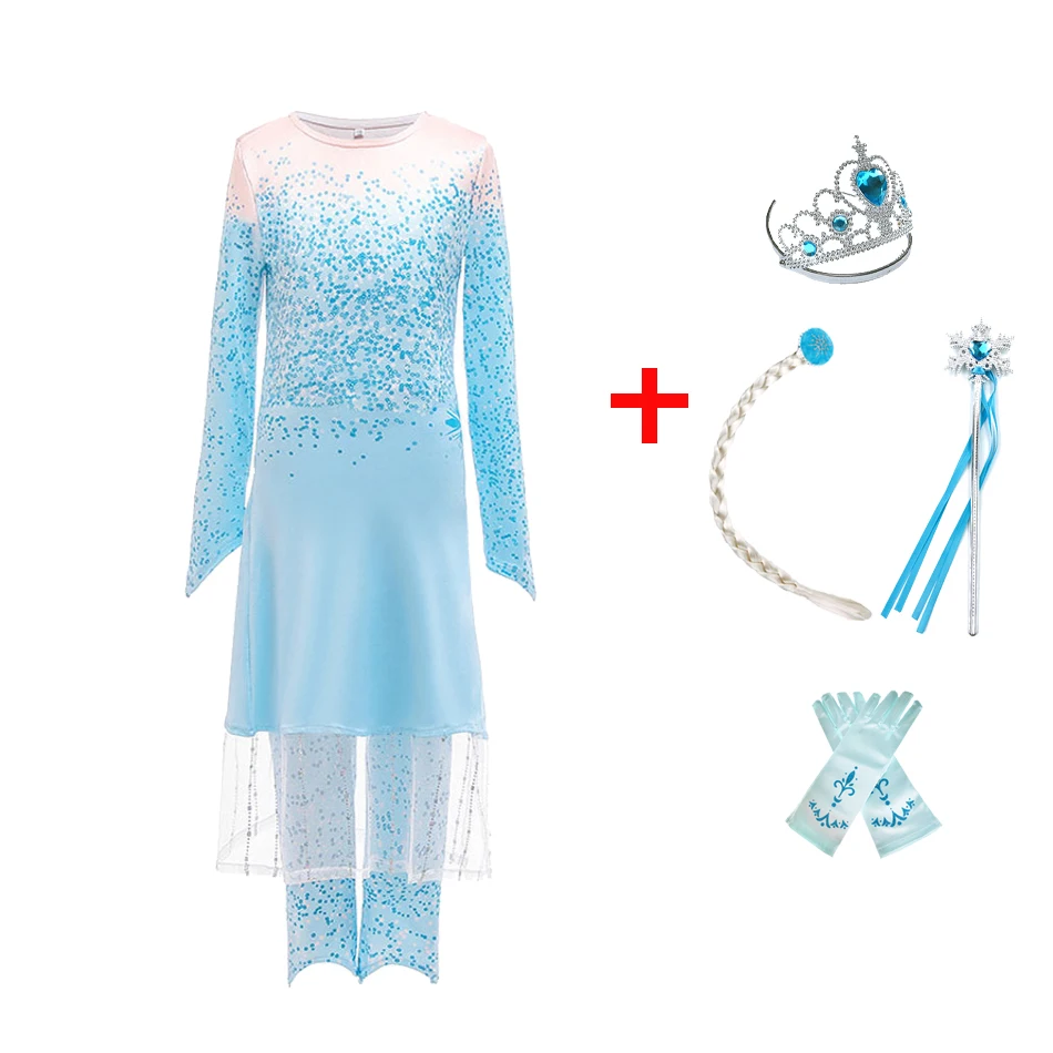

Children Snow Queen Clothes Kid New Elsa Christmas Long Sleeve Gown Little Girl Summer Cosplay Pattern Clothing Set Dance Dress