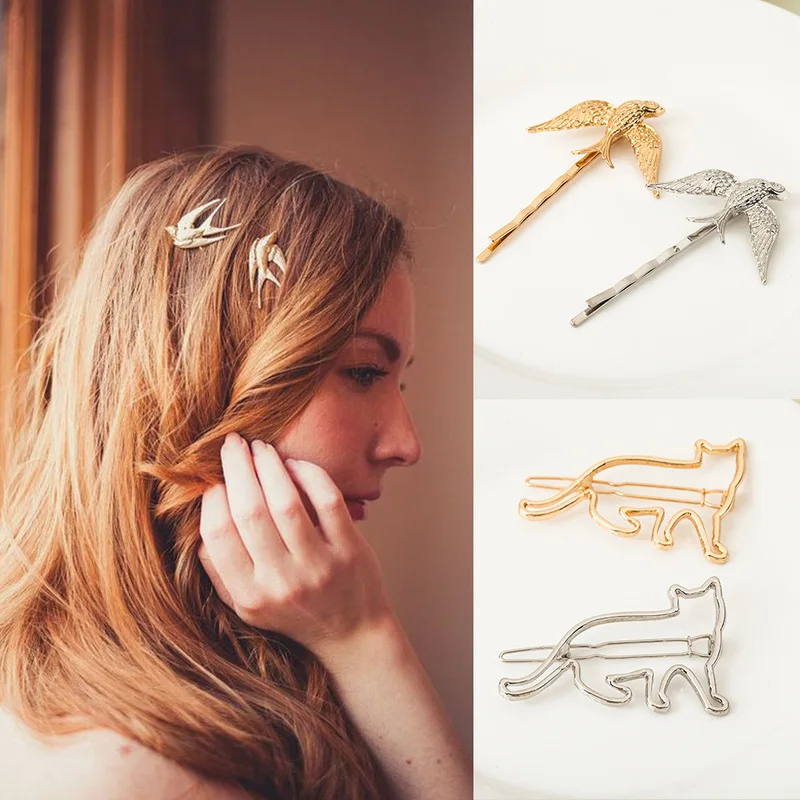 

1PCS New Korean Style Hair Accessories Geometric Animal Alloy Hairpin Ladies Cute Cat Fox Rabbit One Word Clip Headdress