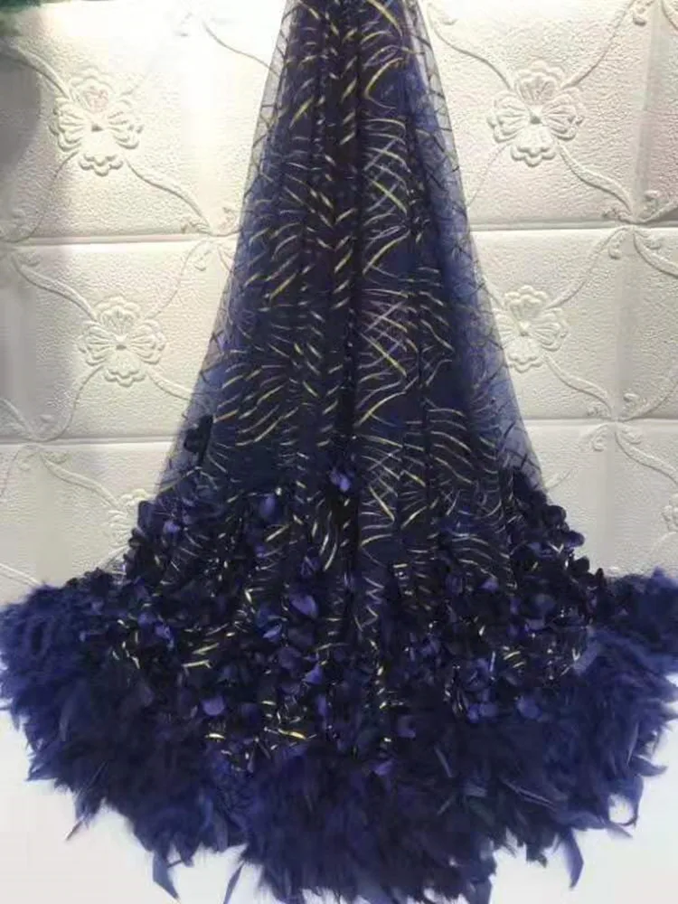 Модные золотые блестки сетчатый с перьями Африканской ажурной вышивкой