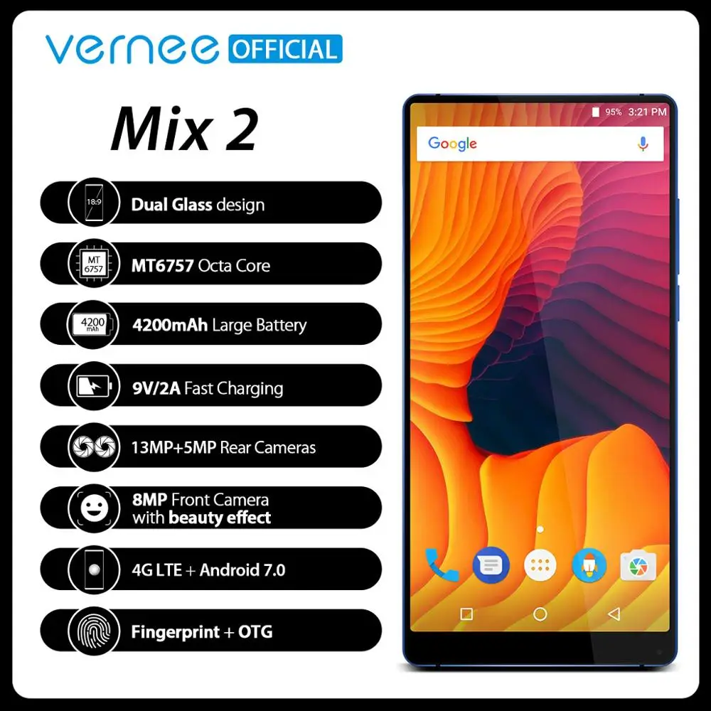 Vernee Mix 2, мобильный телефон, 4 Гб ОЗУ, 64 Гб ПЗУ, Восьмиядерный процессор MTK6757, 6,0 дюймов, 18:9 дисплей, 13,0 МП, Android 7,0, смартфон, двойная задняя камера