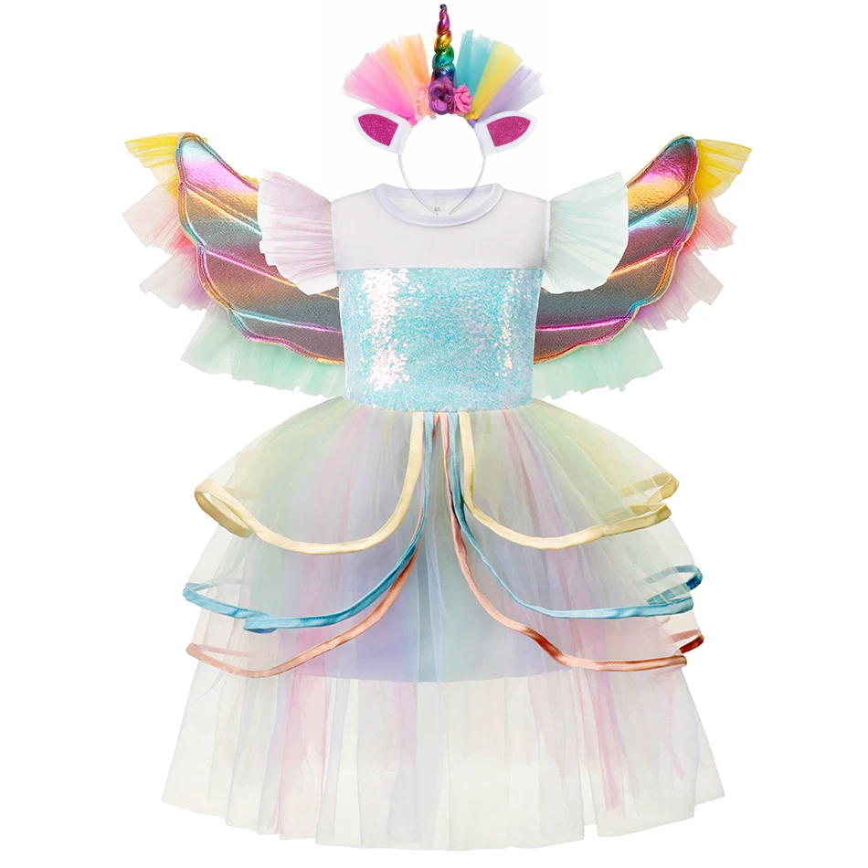 

2021 Unicorn Dress Girl Summer Tutu Costume with Wing Children's Girl Princess Clothing New Year's Children JYF