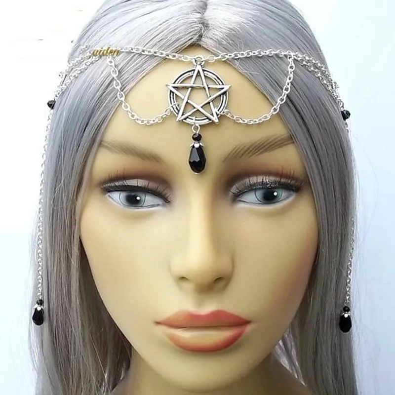 Gothic Pentagram Witch Hair Band for Women Hair Accessories Ornaments Pagan Witchcraft Black Crystal Head Chain Jewelry VGH028