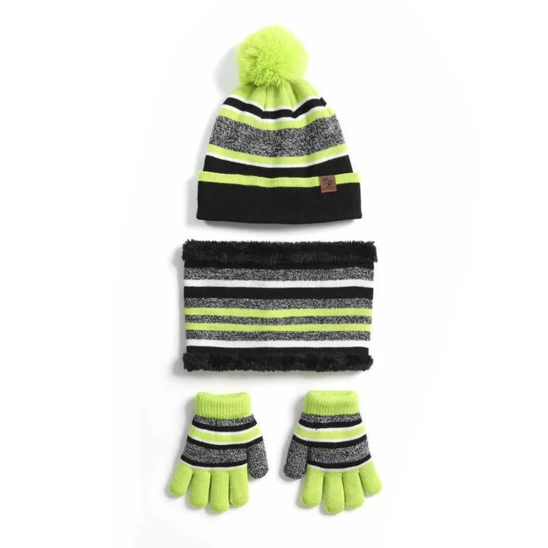 

Kids Winter Knit 3Pcs Beanie Hat Scarf Gloves Set Contrast Color Striped Thick Plush Lined Pompom Skull Cap Neck Warmer