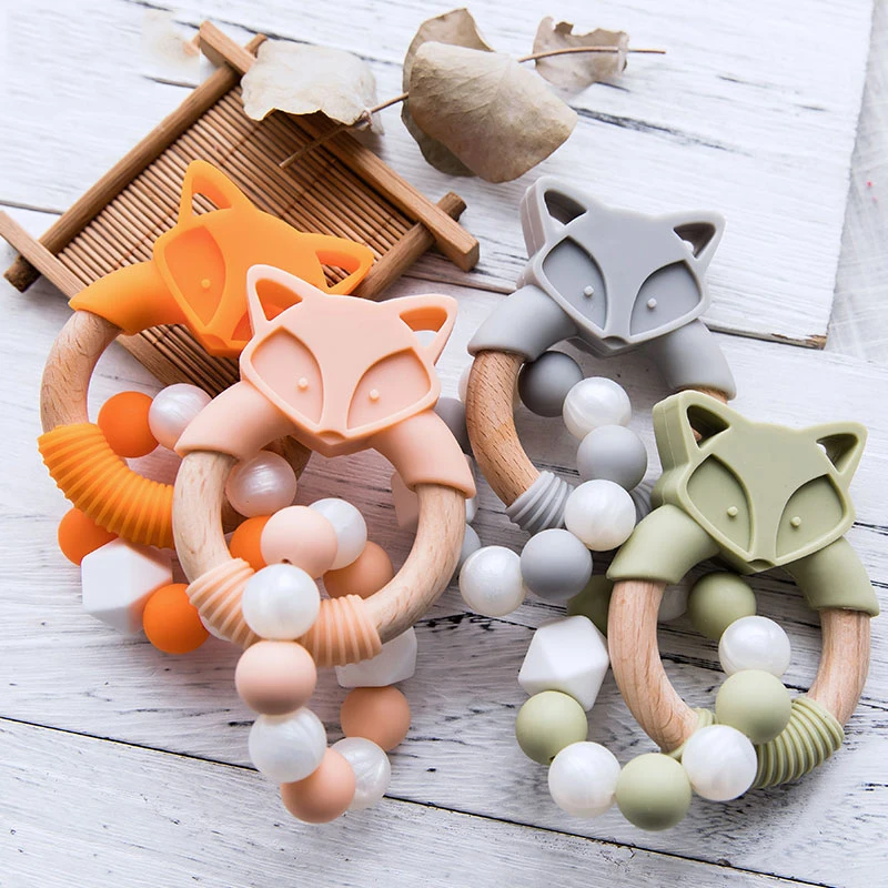 

Baby Teether Silicone Toy Wooden Cartoon Fox Teething Beech Wood Ring BPA-Free Newborn Rattle Toys Oral Nursing For Baby Product