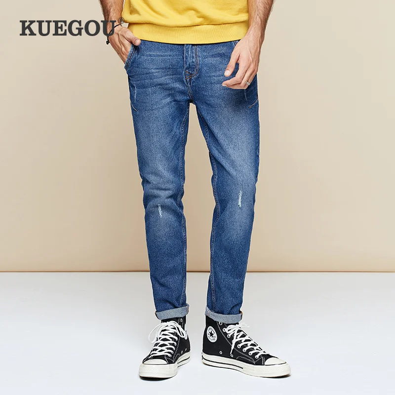 Мужские джинсы Kuegou синие зауженные с потертостями на весну и осень KK 2976|Мужские