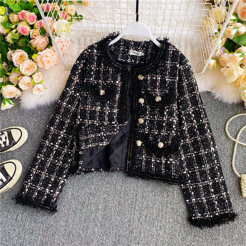

lack Tweed Cropped Jacket women Autumn Winter Coat Bomber Jacket Harajuku Streetwear Clothes Oversized Outerwear Button
