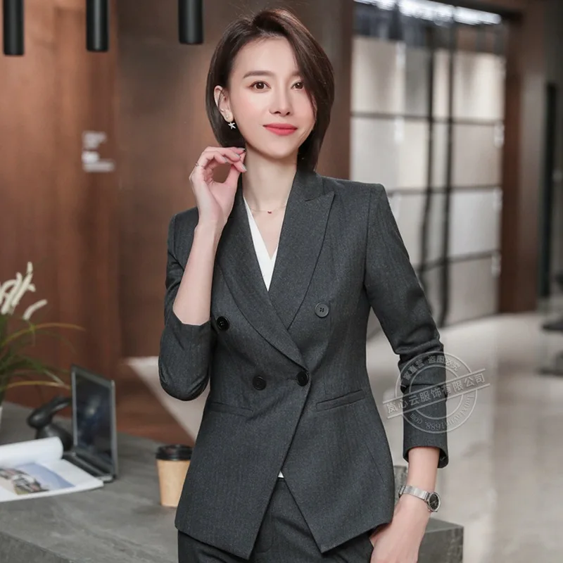 Осенний костюм женский комплект из черного пиджака и брюк двух предметов модный