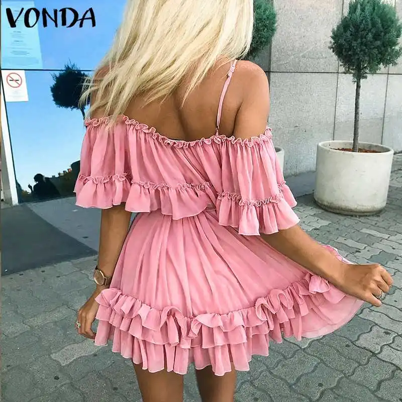 VONDA 2020 однотонное модное женское платье сексуальное мини с открытыми плечами и