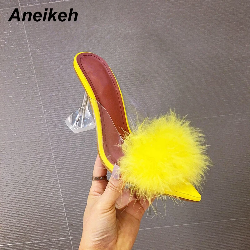Тапки Aneikeh женские из ПВХ Мех животных прозрачные перо кристаллы высокий каблук